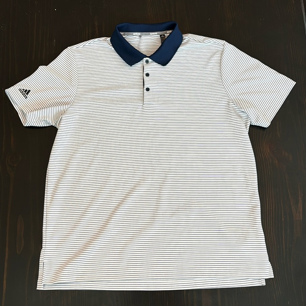Adidas Men’s Golf Polo White Navy Blue Stripes with Navy Blue Collar SZ XL